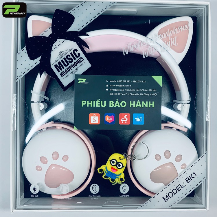 Tai Nghe Chụp Tai, Tai Nghe Bluetooth Tai Mèo BK1 Đèn LED Đổi Màu Âm Thanh Cực Hay