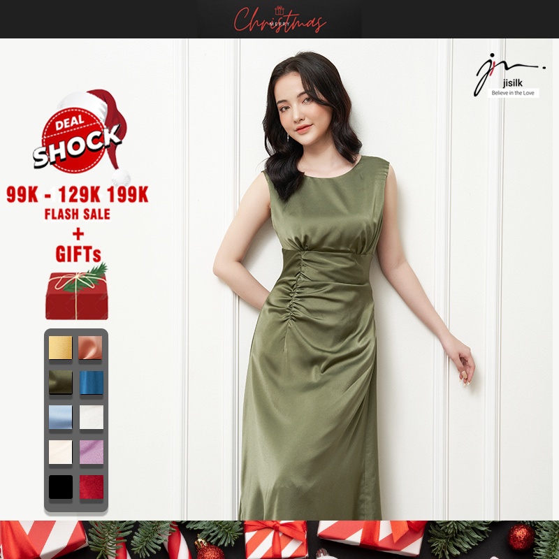 Váy công sở liền dáng dài, đầm lụa trơn sát nách cổ tròn Hàn Quốc (2 bản ngắn-dài phù hợp) Elegant L.VA0-01 - jisilk