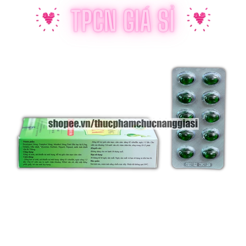 Viên xông thảo mộc, tinh dầu EURA CA tinh dầu bạc hà, hỗ trợ giảm cảm cúm, thông mũi, họng – Hộp 20 viên