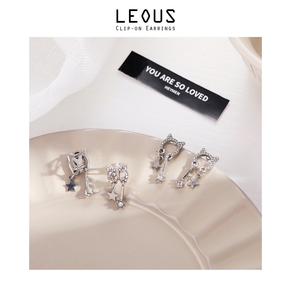 Khuyên tai kẹp không bấm lỗ chốt cố định K004 bằng hợp kim mạ bạc đính đá hình tai mèo dáng ngắn Leous Accessories