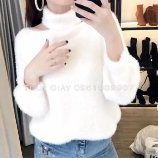 Áo len lông cổ cao trễ vai