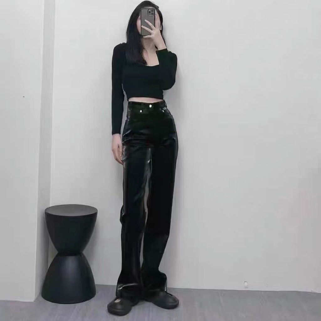 Futuristic shiny liquid disco leather pants liquid light-sensitive straight high waist pants niche pants European and American