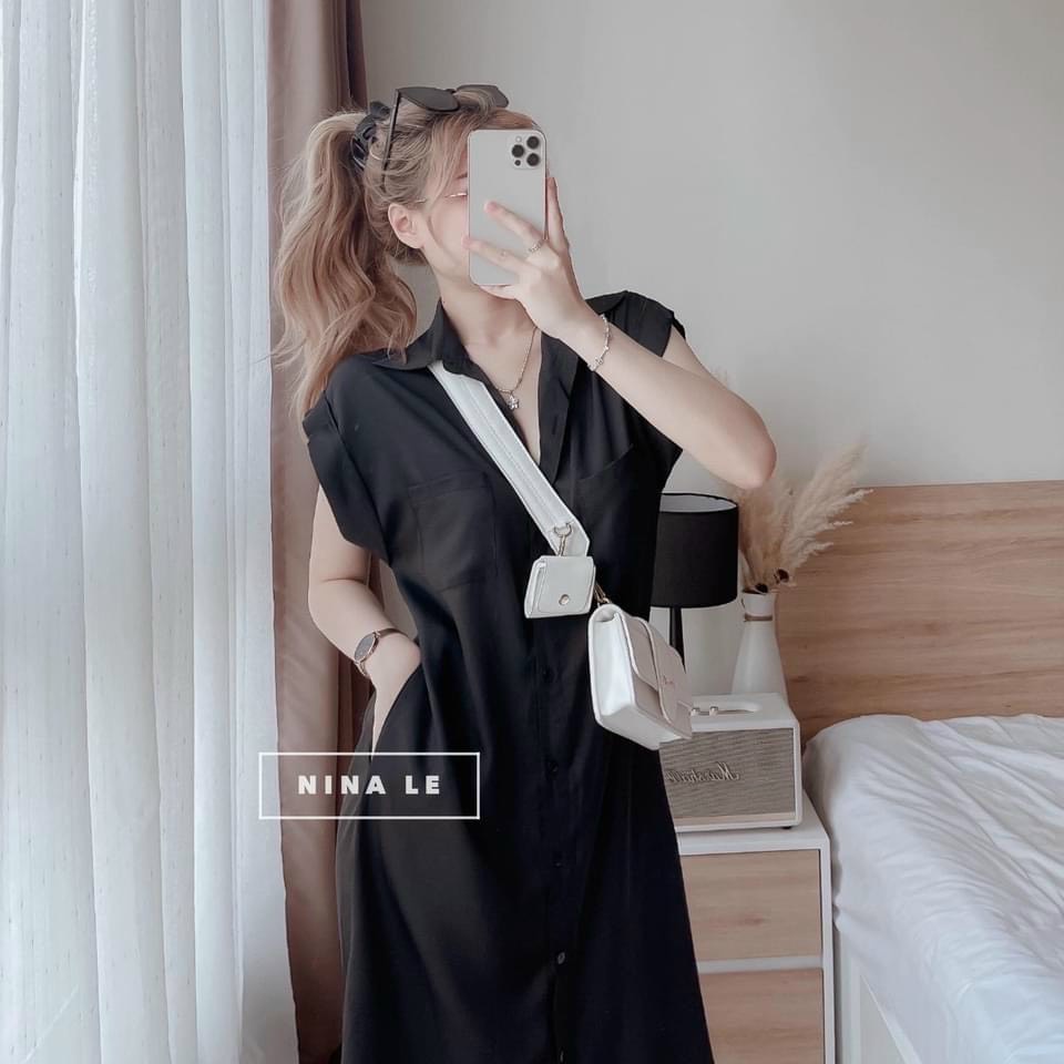 váy sơ mi cộc tay cổ đức dáng suông dài, đầm sơ mi bầu bí bon chen thoải mái
