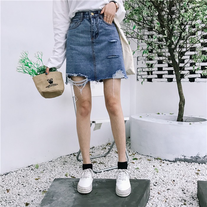 chân váy ulzzang chân váy nữ đẹp chân váy jean bò jeans rách chữ A kiểu dáng hàn quốc