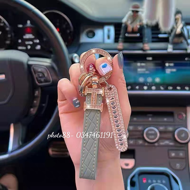 Móc khóa xe ô tô chữ H khuyên tròn đính đá dây da Pu hàng đẹp