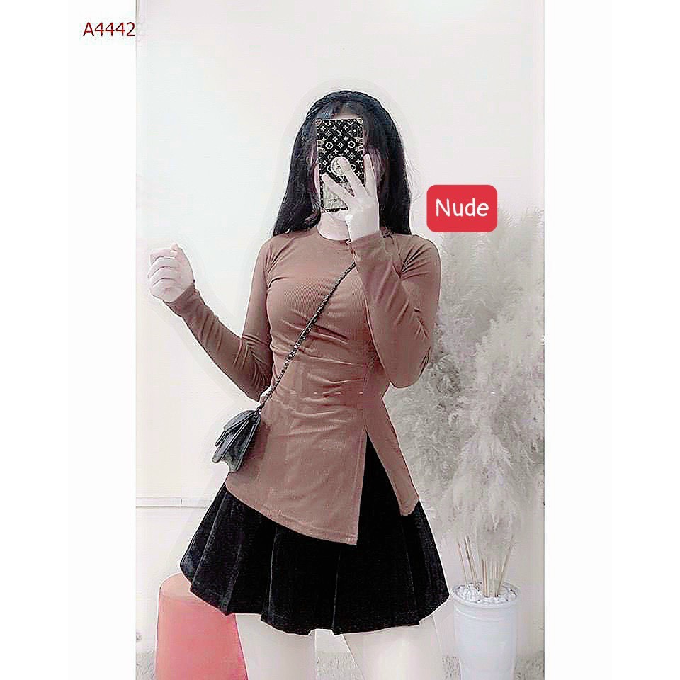 Áo thun tay dài kiểu cổ tròn xẻ tà bên xinh ly chất thun borip đẹp