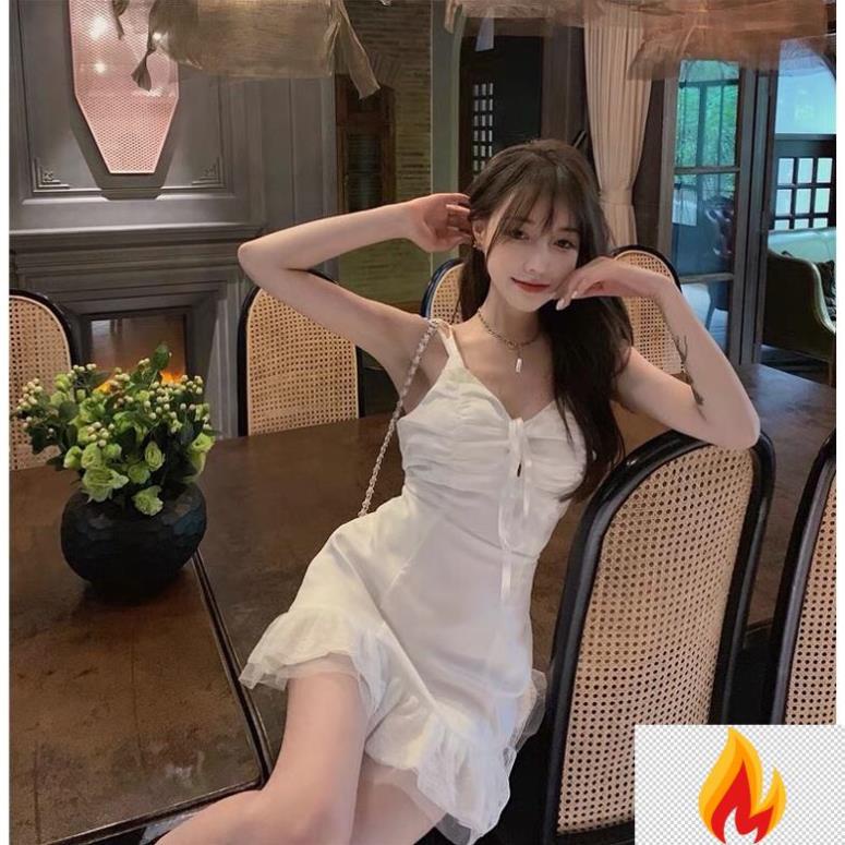 (Mễ Bối_ORDER) Đầm trắng 2 dây ôm body trắng thắt nơ ngực đuôi cá phối ren/Váy bánh bèo ulzzang mút ngưc hfZ1