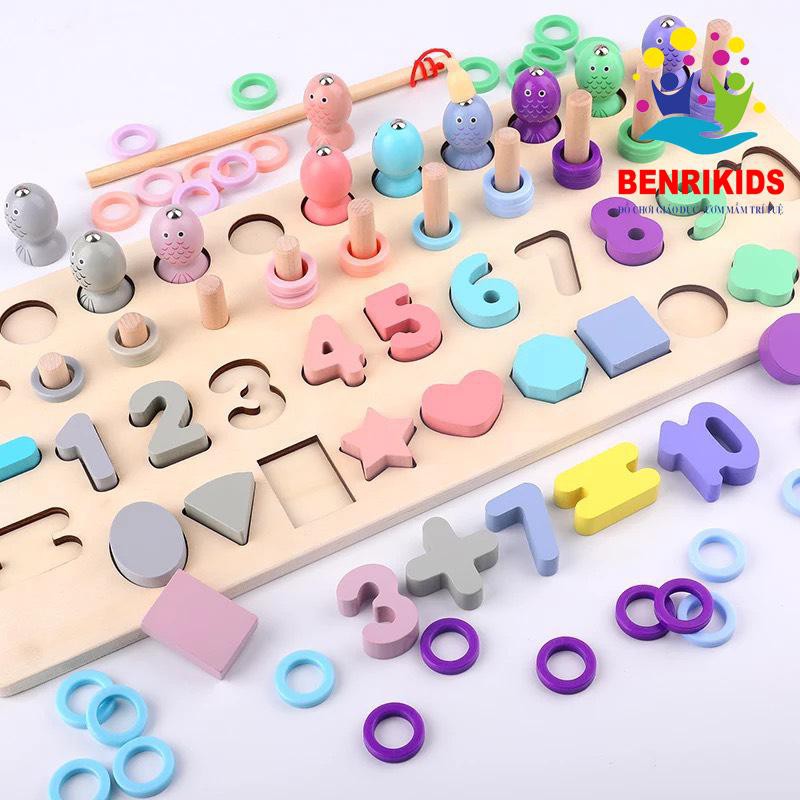 Đồ Chơi Giáo Cụ Montessori, Bộ Câu Cá Nam Châm Kết Hợp Cột Tính Học Đếm Và Hình Khối 4 Trong 1 Bằng Gỗ