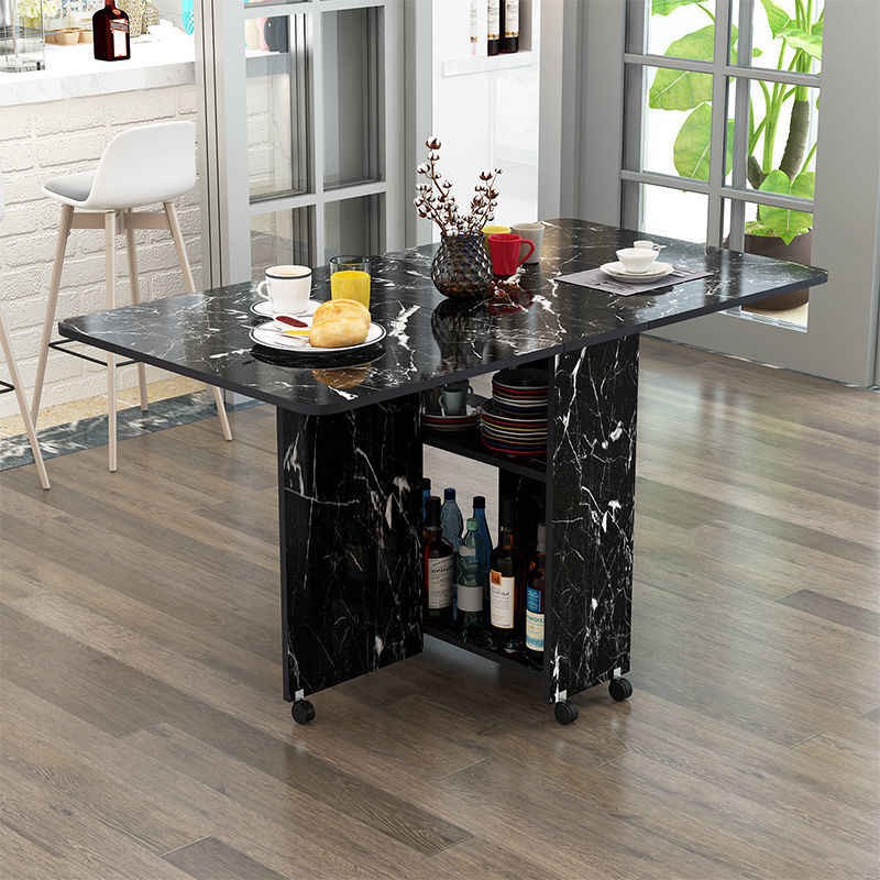 Bàn Ăn Gấp Gọn Thông Minh Kèm Kệ Để Đồ Đa Năng, Bàn Ăn Gỗ Vân Đá Hoa Cương Có Bánh Xe KT 140 x 80cm