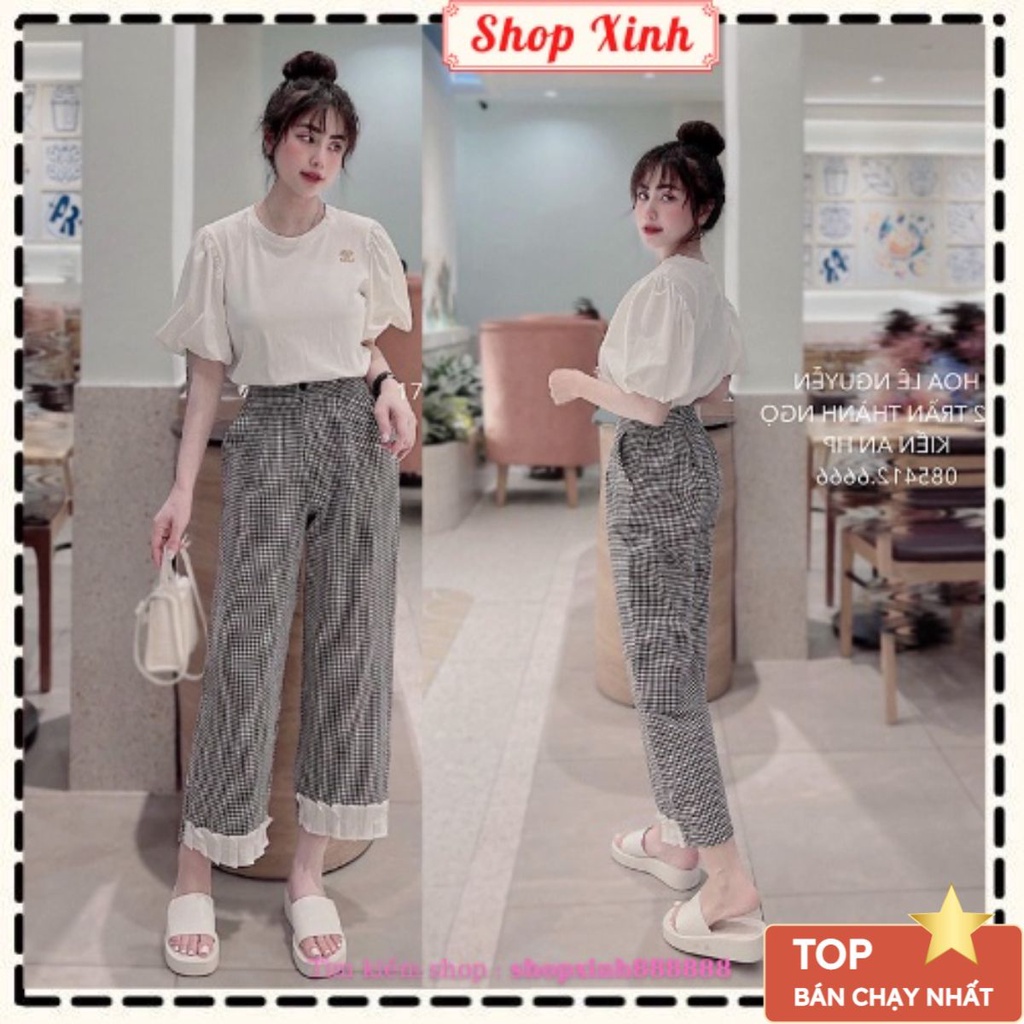 Set áo basic tay phồng mix quần caro suông phối bèo 𝗦𝗵𝗼𝗽 𝗫𝗶𝗻𝗵, Set đồ đi chơi phối ren bèo cực chảnh