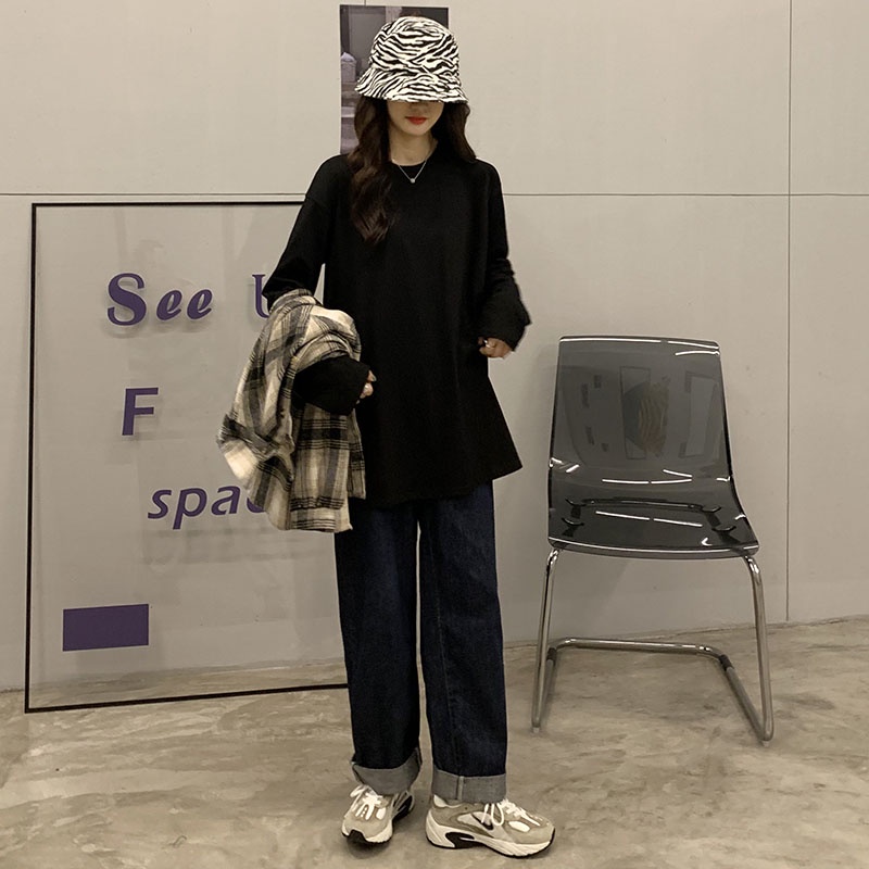 Áo thun XIAOZHAINV dài tay cổ tròn dáng rộng thời trang mùa thu cho nữ