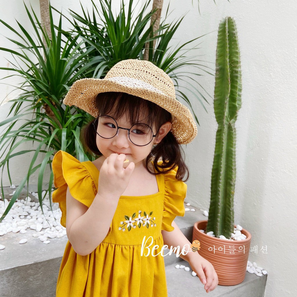 Váy đầm hè bé gái tay cánh tiên bèo thêu hoa vàng hồng Beemo linen cực đẹp từ 1-6T chính hãng - Misolkids by huong274