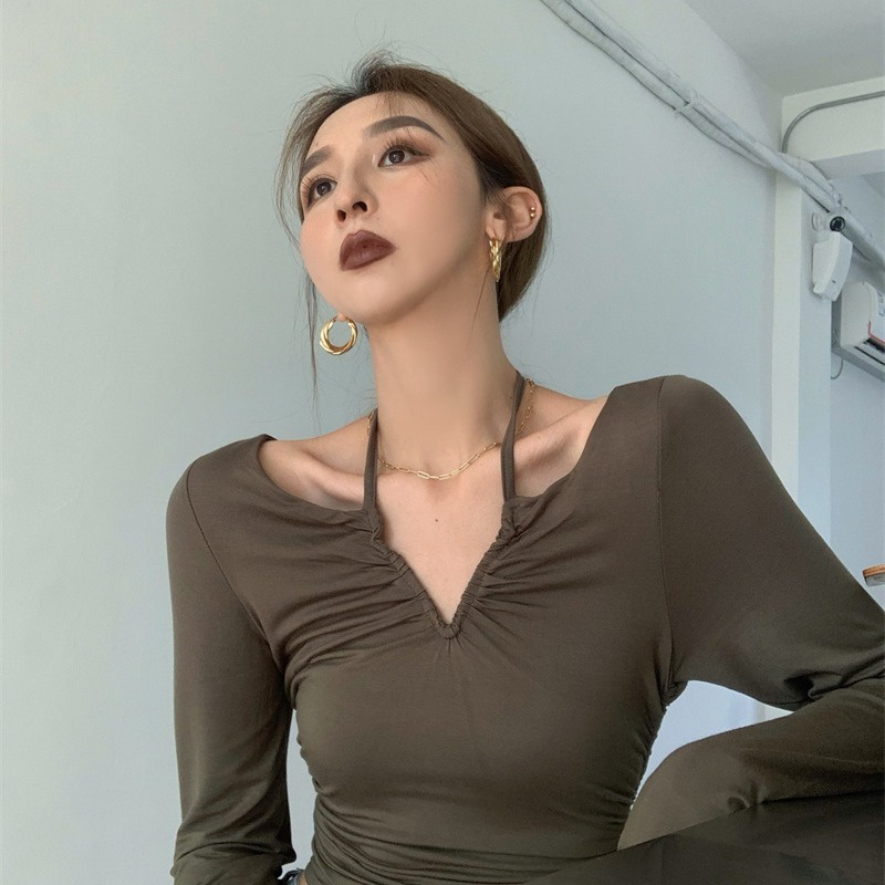 Liasynn Áo Thun Tay Dài Cổ Yếm Buộc Dây Siêu Mỏng Phong Cách Âu Mỹ