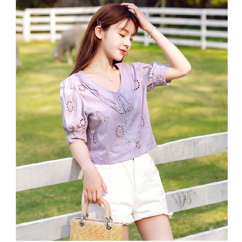 Áo kiểu nữ màu tím tay phồng form rộng phong cách Hàn Quốc thời trang nữ size S-2XL