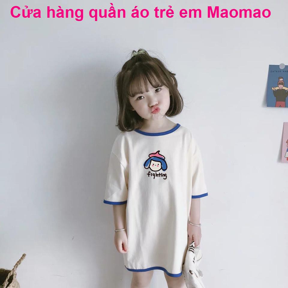 Phiên bản rời cotton tinh khiết Váy bé gái, áo thun ngắn tay, váy, phối màu dễ thương, đồ hè ngủ mới