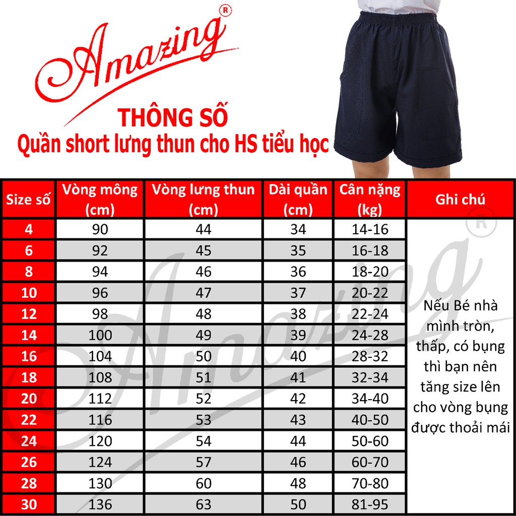 Quần đùi, short lưng thun học sinh cấp 1, màu xanh đi học, 2 túi đắp ngoài, size từ 14 đến 95kg, hiệu AMAZING