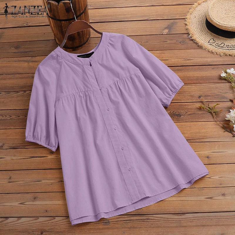 Áo kiểu ZANZEA tay lửng cổ tròn xếp ly cài nút thời trang tùy chọn màu sắc dành cho nữ