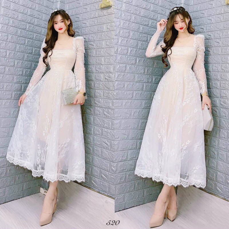 đầm xoè tay dài ren mi