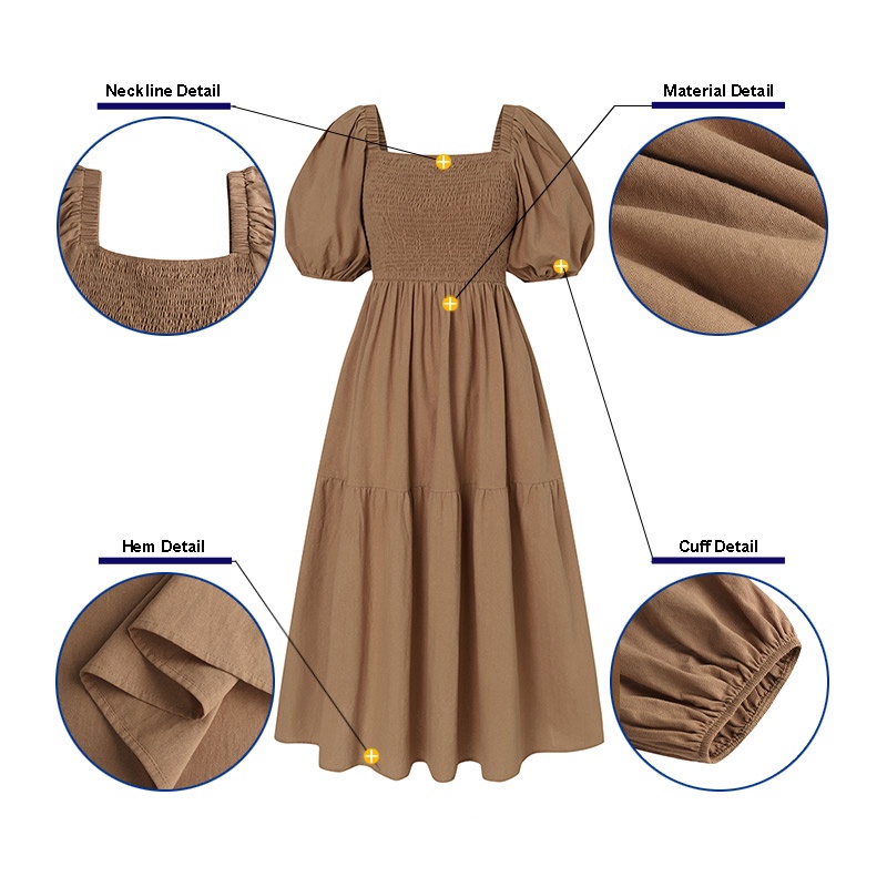 Đầm maxi ZANZEA tay ngắn ống phồng dáng rộng cổ vuông phối viền xếp nếp thanh lịch cho nữ