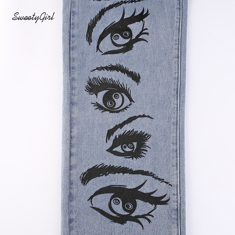 Quần Jeans Dài Lưng Cao In Hình Đôi Mắt Thời Trang Cho Nữ