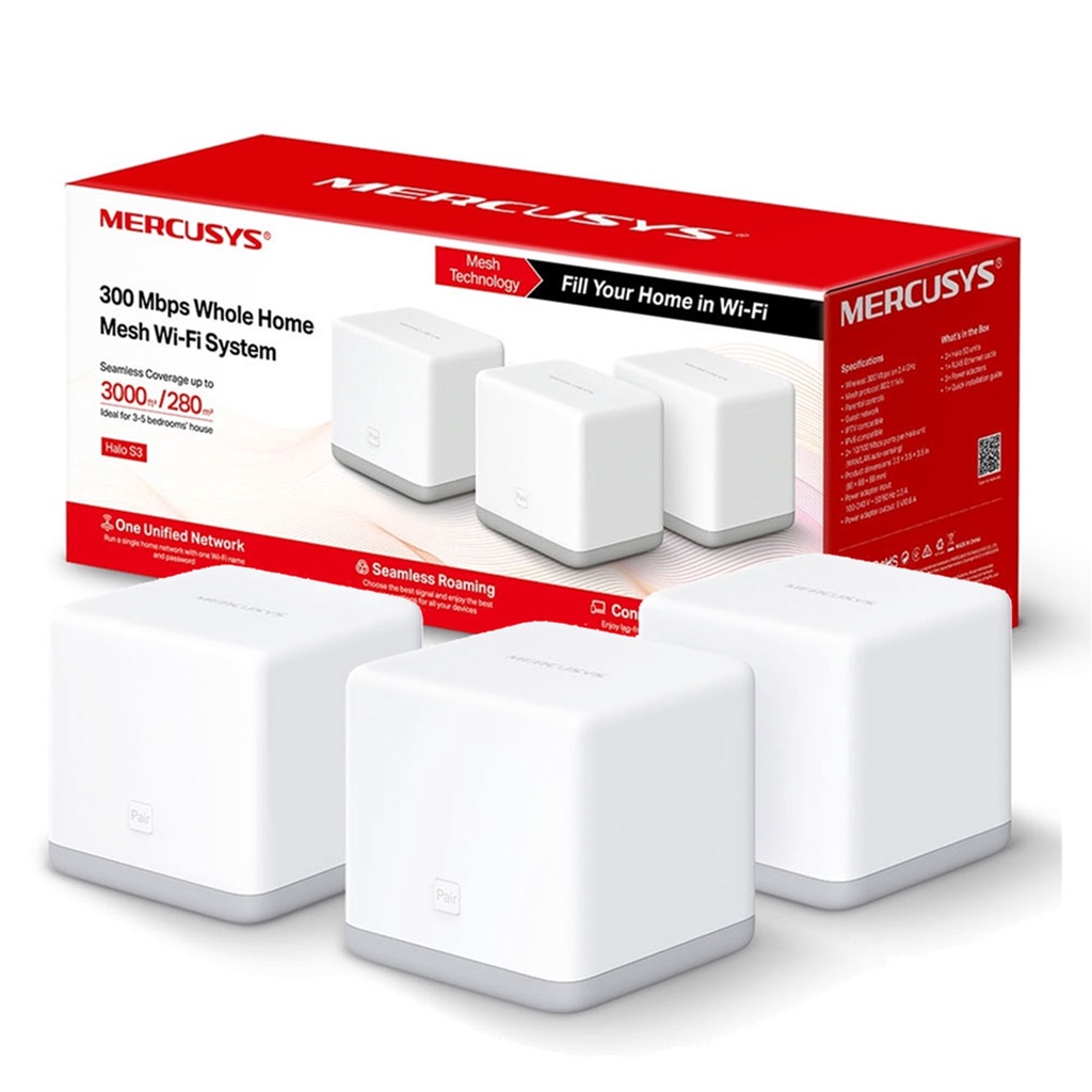 Wifi mesh Halo S3(3-pack) Mercusys cho gia đình cho độ phủ wifi tuyệt vời,hệ thống mesh wifi không dây cực tốt,vds shop