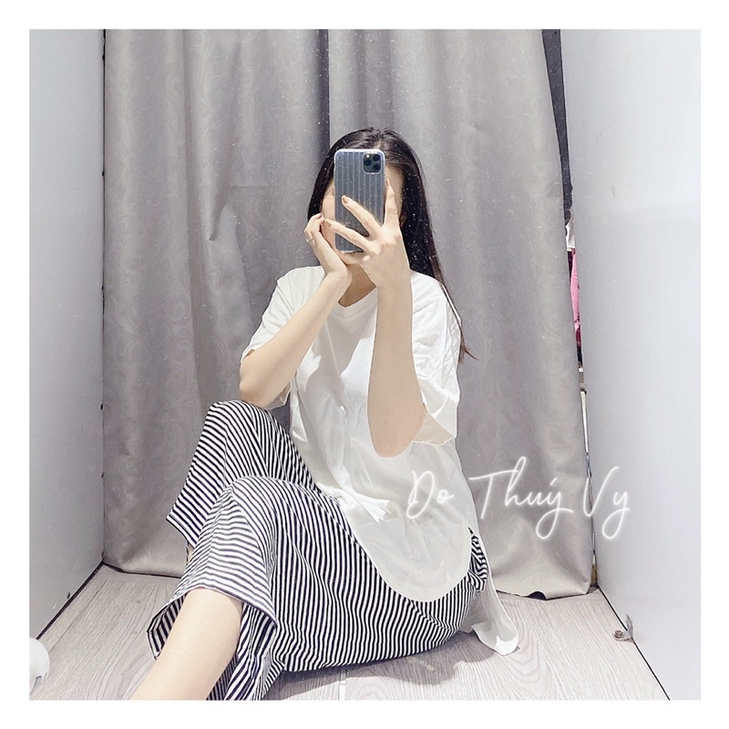 Set ống rộng sọc+ áo xẻ tà
