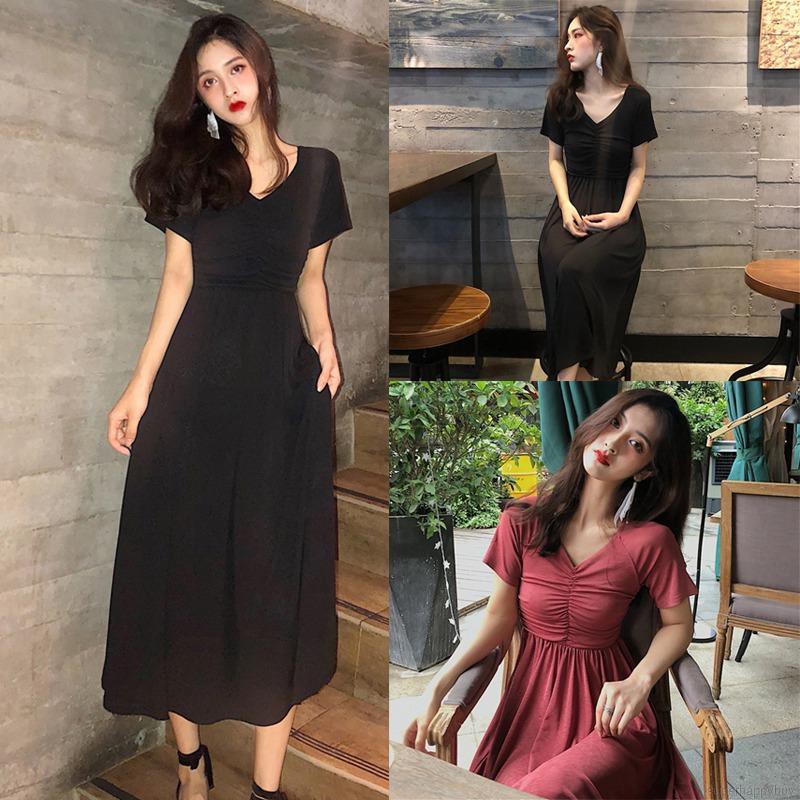 Đầm maxi cổ chữ V màu trơn phong cách Hàn Quốc thanh lịch cho nữ | BigBuy360 - bigbuy360.vn