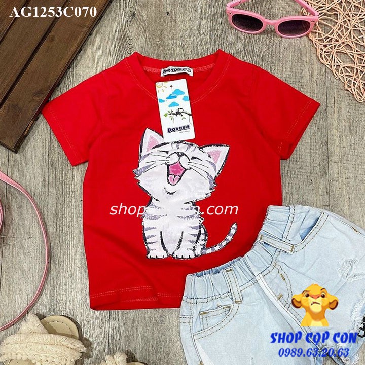 Áo thun hình mèo cho bé gái từ 22kg dến 32kg