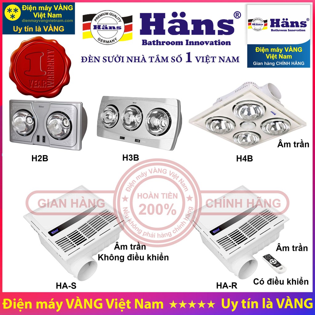 Đèn sưởi nhà tắm Hans H2B H3B H4B HA-S HA-R - Hàng chính hãng