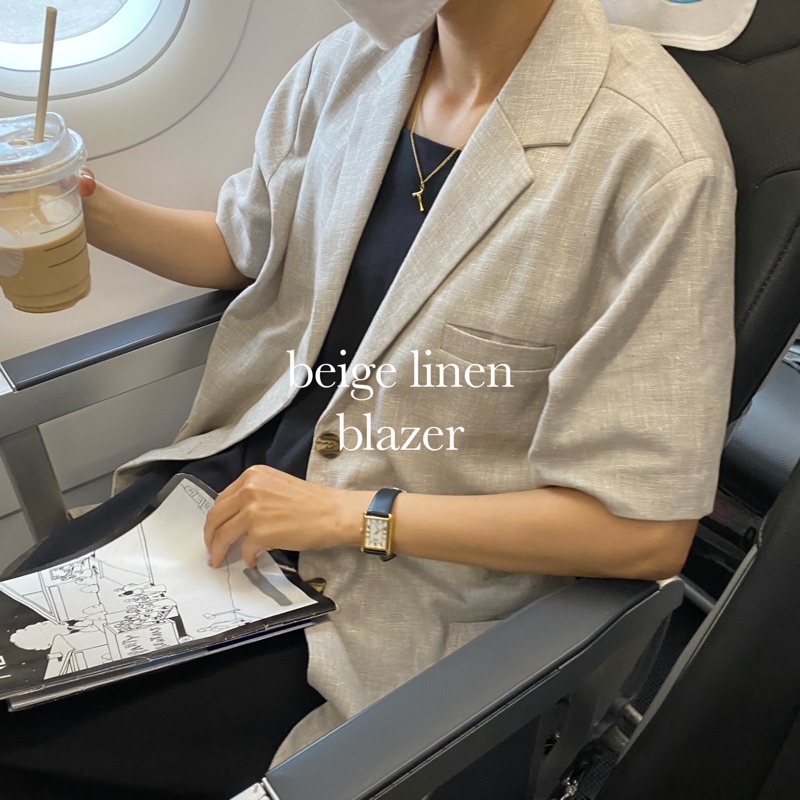 Áo Blazer Nữ Ngắn Tay Linen Chất Liệu Cao Cấp Màu Beige Heebyohi