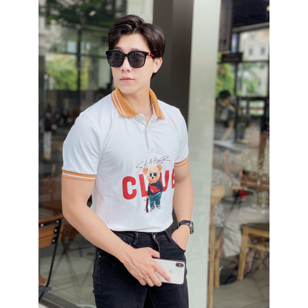 Áo polo nam cổ bẻ in gấu bự phối bo viền chất vải cá sấu Cotton xuất xịn,chuẩn form, sang trọng - thanh lịch TB033