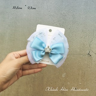 kẹp tóc xanh nơ nhũ gắn vương miện đá size 10,5cm * 9,7cm cho bé gái ( ảnh thật )