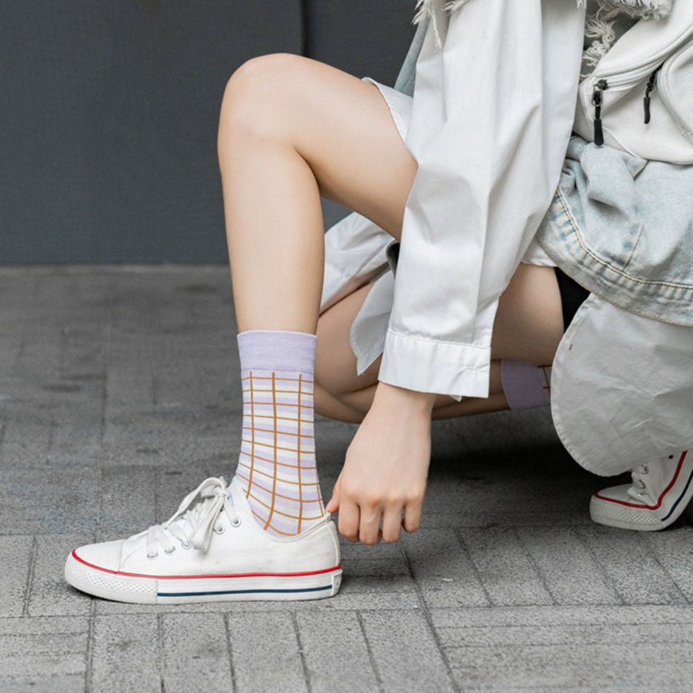 Vớ Cotton Cổ Cao Kẻ Sọc Ca Rô Dễ Thương Cho Phái Nữ