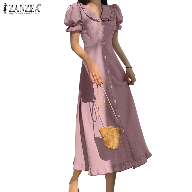 Đầm ZANZEA Tay Phồng Xếp Ly Cổ Áo Bẻ Xuống Nữ Tính