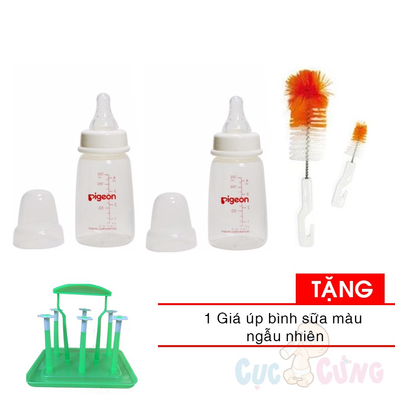 Bộ 2 Bình sữa Pigeon nhựa PP cổ thường đáy vuông cao cấp 120ml + 1 cọ rửa bình sữa TẶNG 1 giá úp bình sữa màu ngẫu nhiên