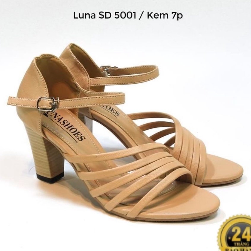 Giày sandal cao gót 7p mũi tròn đế vuông nữ Lunashoes  da si có quai ngang màu đen, kem bảo hành 1 năm