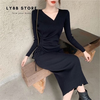 Váy len dệt kim maxi cổ V có dây rút eo kiểu dấu bụng, tôn dáng sexy, style basic, thời trang phong cách Hàn Quốc sang c