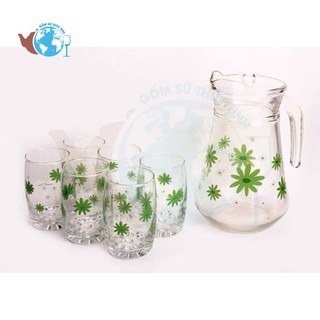 Bộ bình ly thủy tinh 7 món gồm 1 bình rót 1.3 lít và 6 ly thủy tinh in hoa văn màu ngẫu nhiên, làm quà tặng