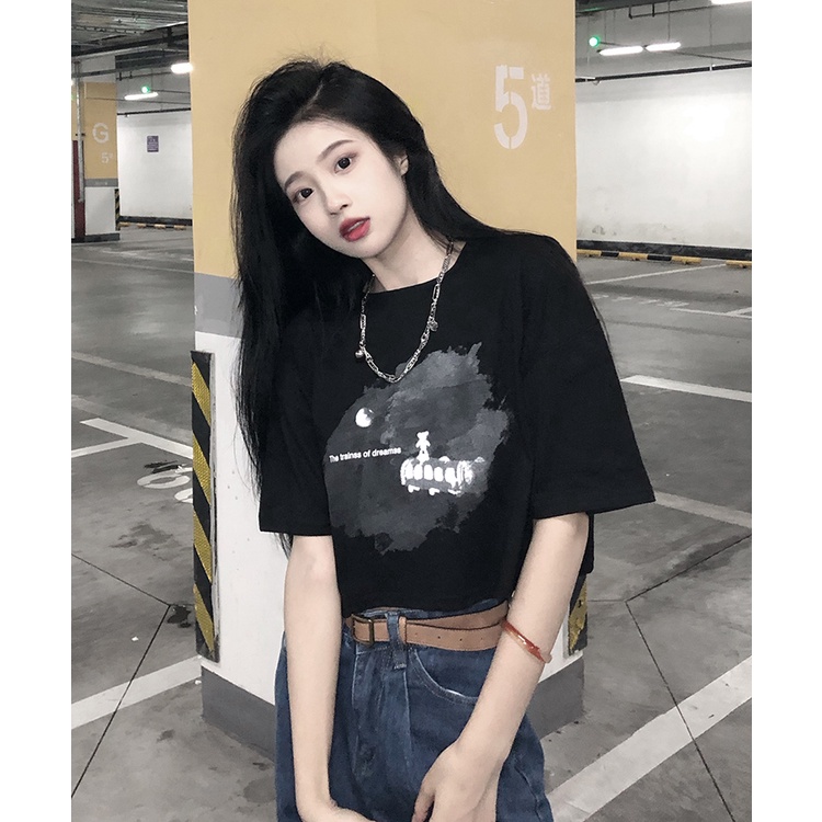 Áo Crop Top Tay Ngắn Dáng Rộng In Họa Tiết Phong Cách Retro Thời Trang Cho Nữ