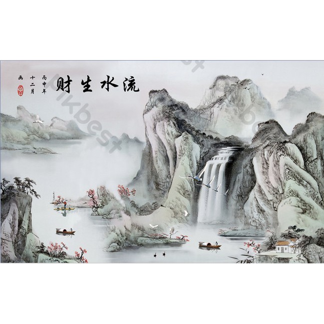 Thủy mặc vẽ tay nước chảy trên núi xuống,Tranh 3d dán tường hiện đại phòng khách, phòng ngủ  MS1080624