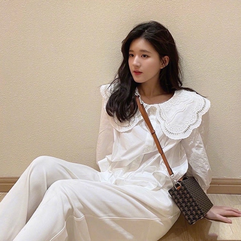 Sơ Mi Trắng Cổ Ren Phom Dáng Basic Cực Kỳ Dễ Mặc Cổ Ren Bản To 2 Lớp Ren Siêu Đẹp