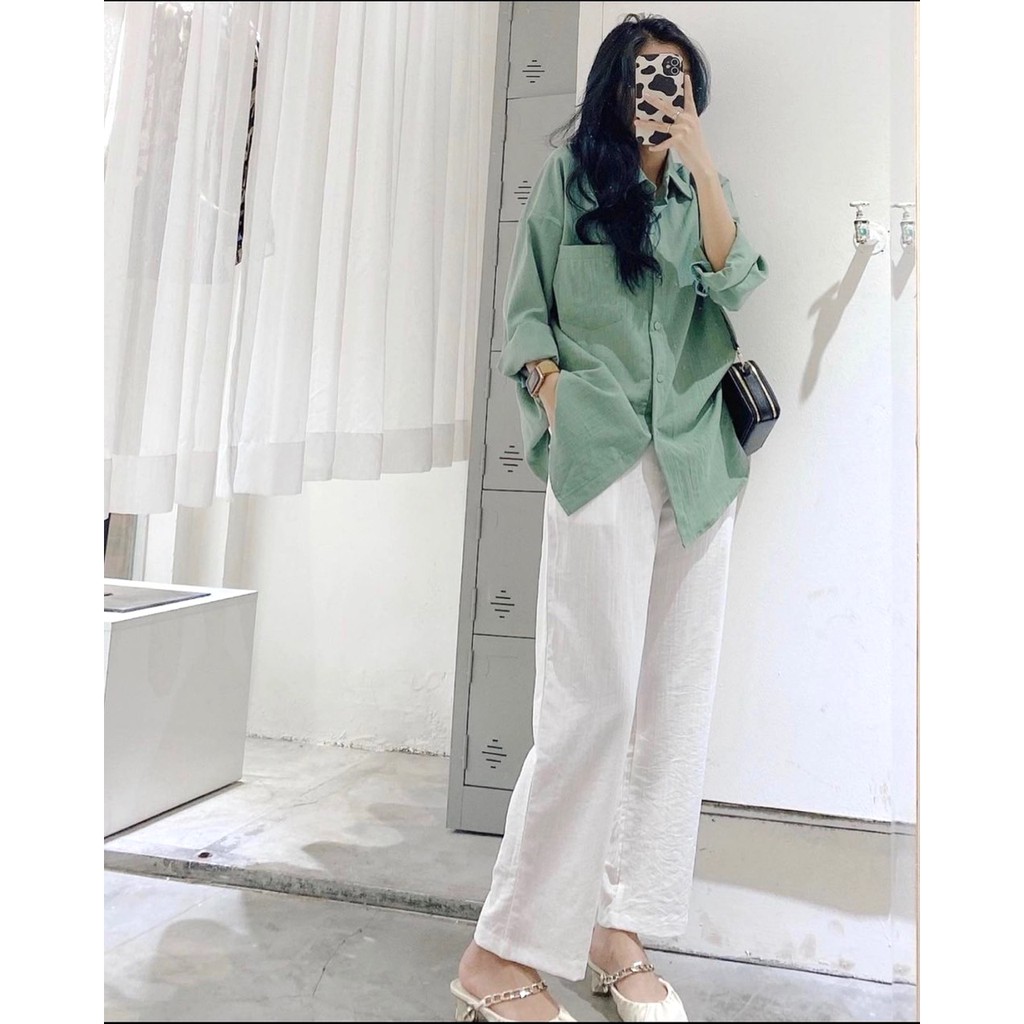 Set quần sớ đũi áo sơ mi xanh be nữ [FREESHIP] Bộ đồ công sở cao cấp, dáng suông ống rộng bigsize trendy ulzzang HOT | BigBuy360 - bigbuy360.vn