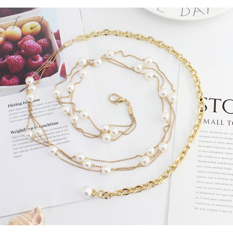 Thắt Lưng Dây Xích Mạ Vàng Mỏng Đính Ngọc Trai Thanh Lịch Cho Nữ