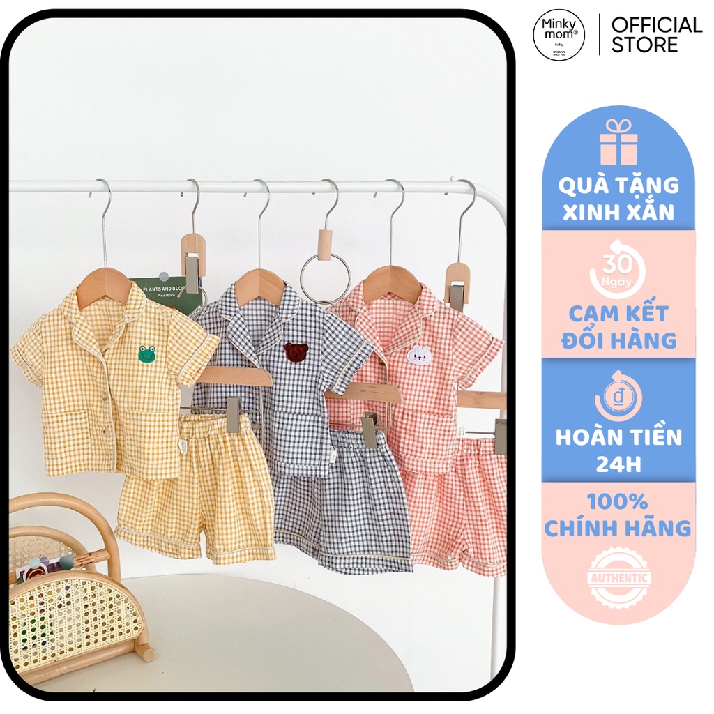 [SALE] Bộ Quần Áo Bé Gái, Bé Trai KIMCHIBABY Vải Thô Mềm Hoạ Tiết Kẻ Mặt Gấu, Pyjama Cho Bé Mặc Nhà Hè CK04