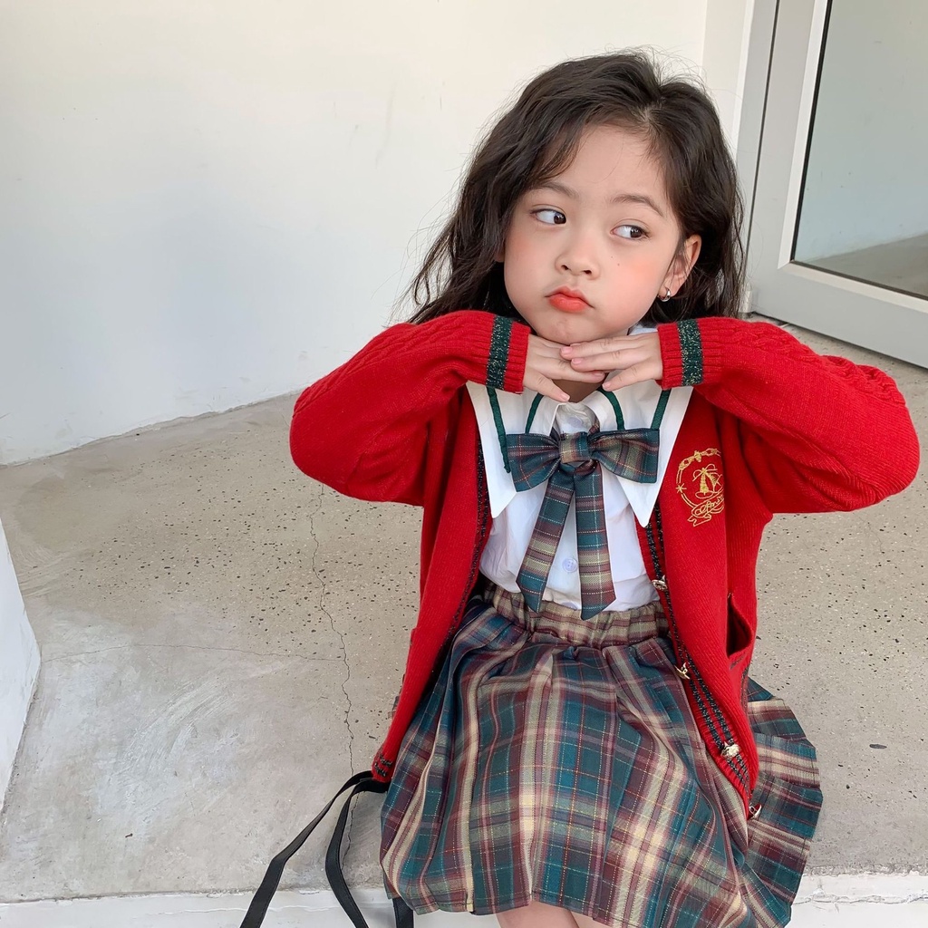 SG091 - Set áo váy học sinh thuỷ thủ kèm nơ sz 90-140 , sơ mi trắng, chân váy caro, thời trang hàn quốc thu đông 2022