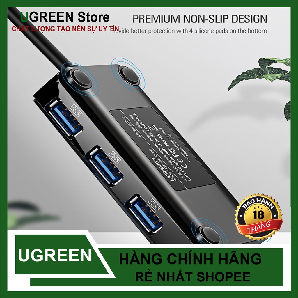 [Mã 155ELSALE giảm 7% đơn 300K] HUB USB 3.0 ra 3 Cổng USB Kèm Cổng Mạng LAN 10/100/1000 Mbps UGREEN CR103