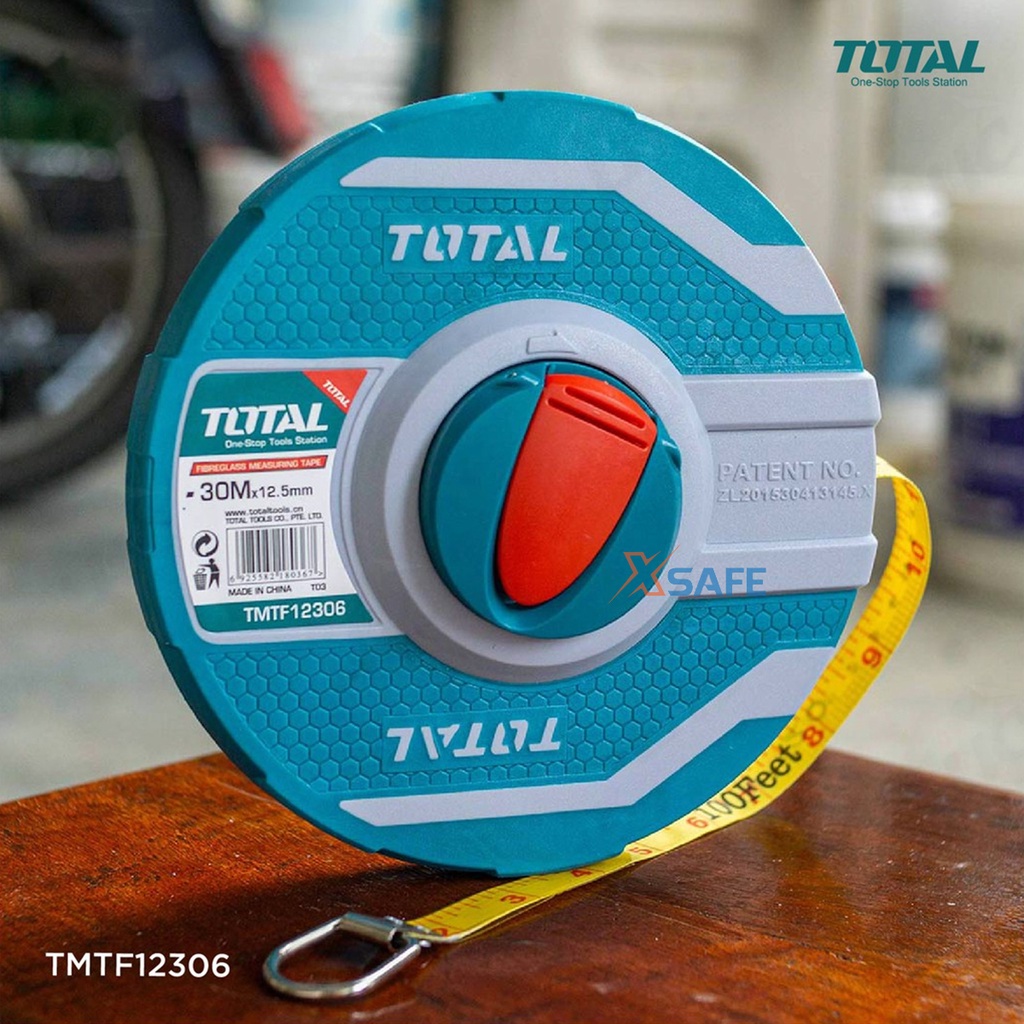 Thước dây cuộn sợi thủy tinh TOTAL 20-30mx12.5mm, thước cuốn đa năng vỏ nhựa ABS bọc cao su siêu bền, tốc độ cuốn nhanh