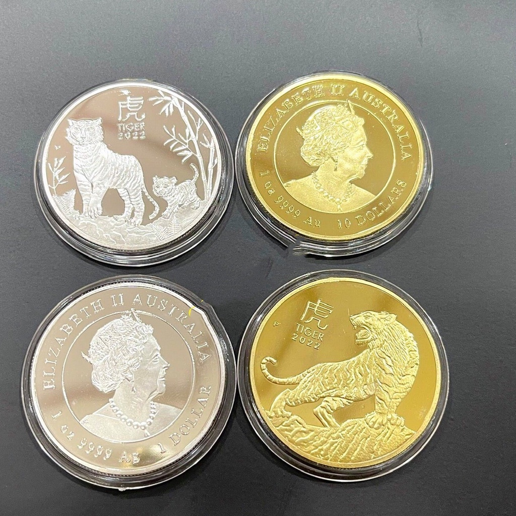 Cặp Đồng Tiền Xu Con Cọp Hổ Úc Mạ Vàng Bạc đi kèm túi nhung chữ PHÚC Lì Xì Tết 2022