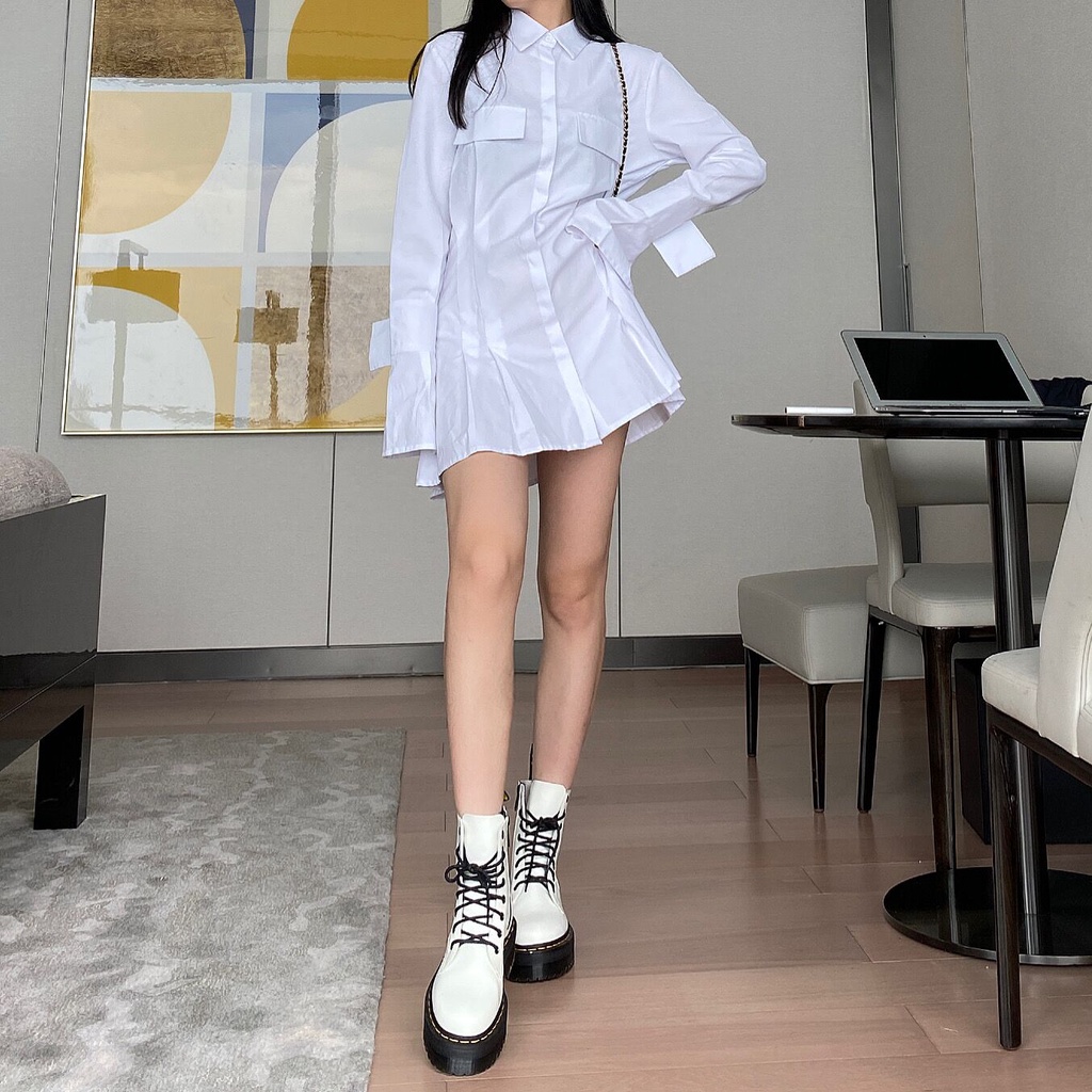 Váy trắng sơ mi thiết kế xếp li cổ nhọn thời trang Becky