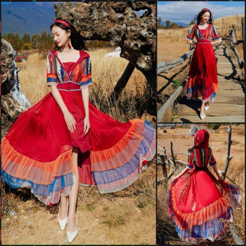 Đầm maxi thổ Cẩm boho kèm nón thả ga sống ảo